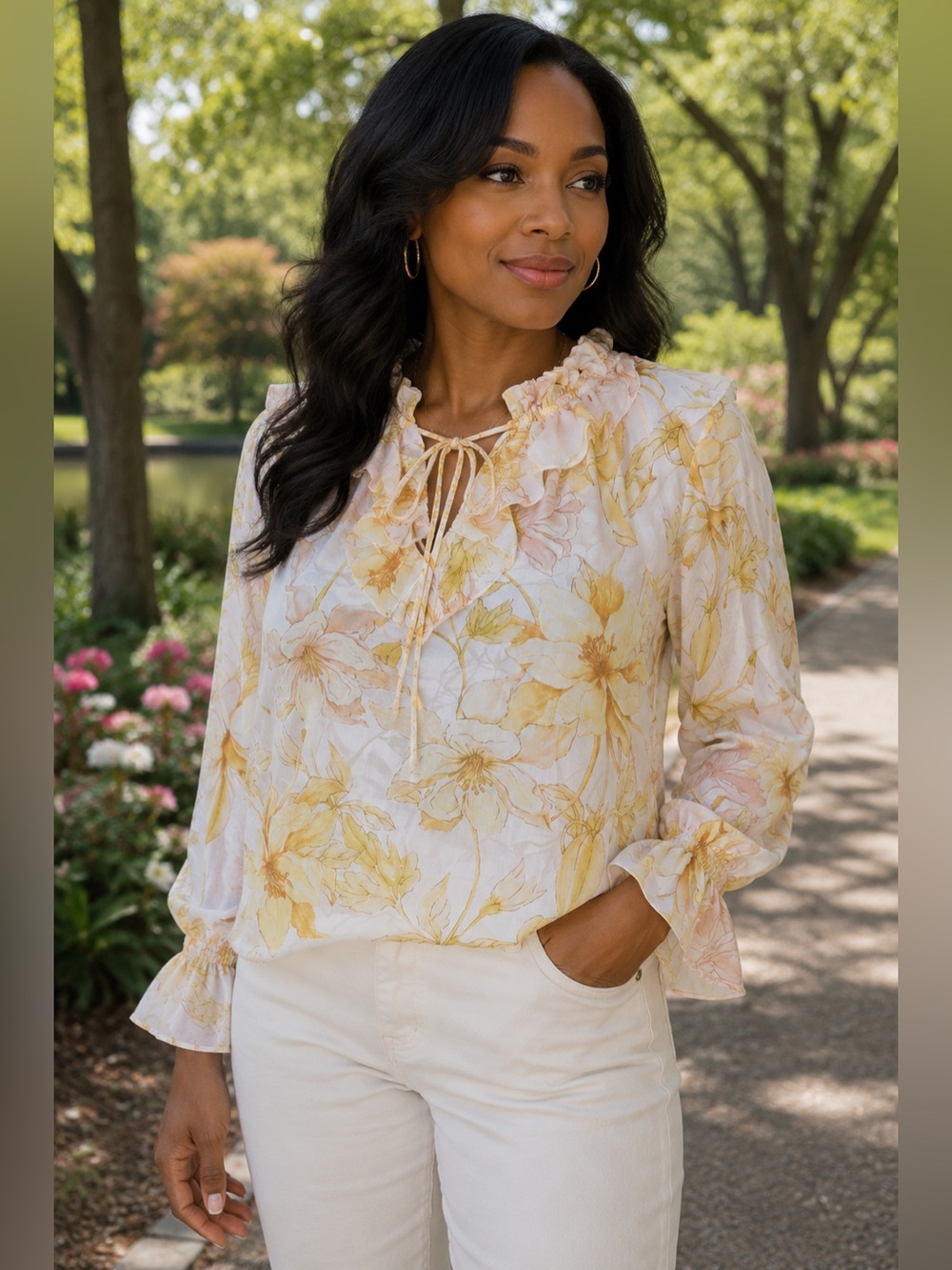 Cupcakes and Cashmere Floral Ruffle Neck Blouse | Large | Romantic Cottagecore